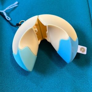 Fortune Cookie Toy Locket Keychain Key Ring Hang Tag Cute Tan and Blue